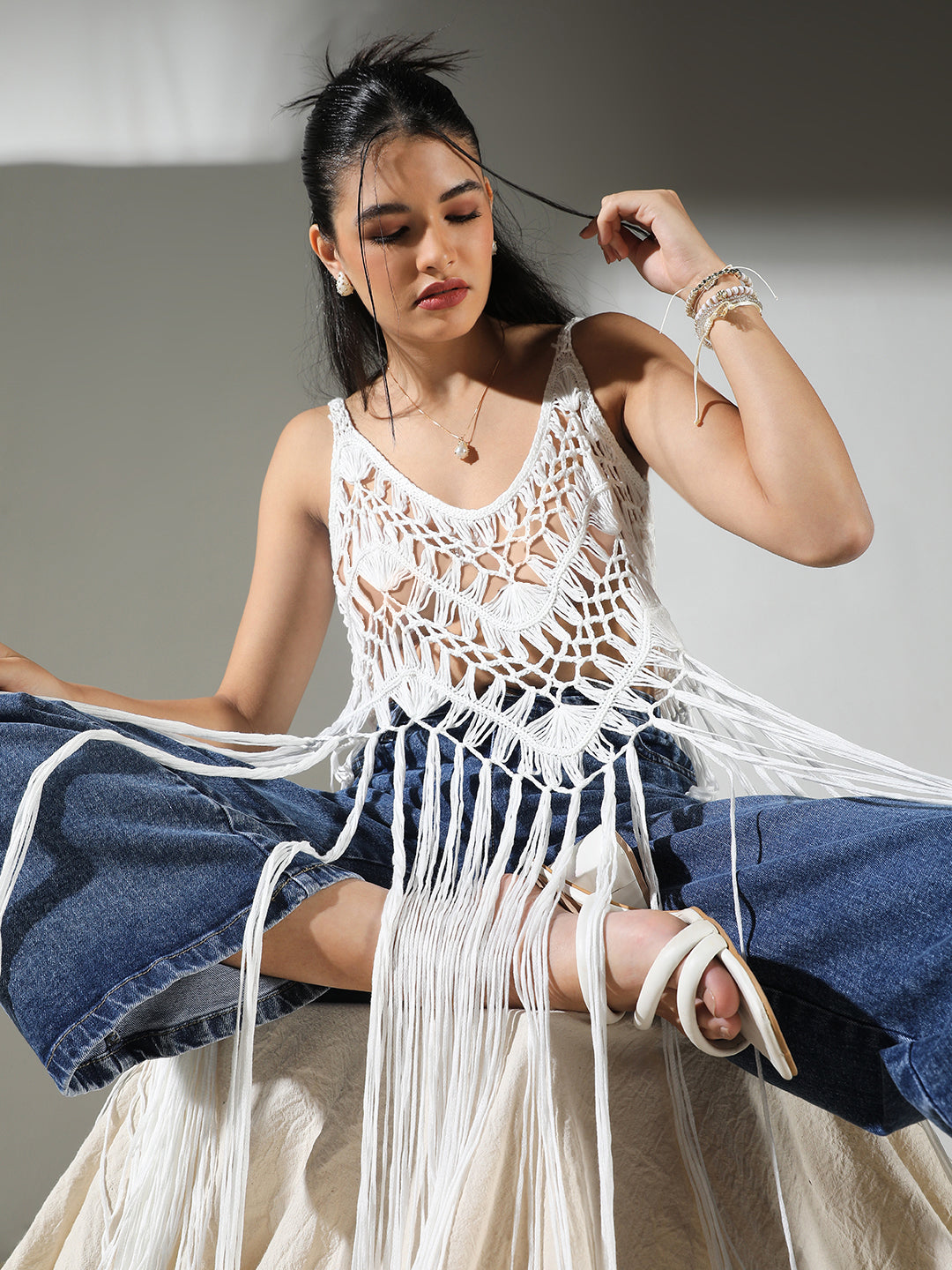 Women White Solid Longline Crochet Top