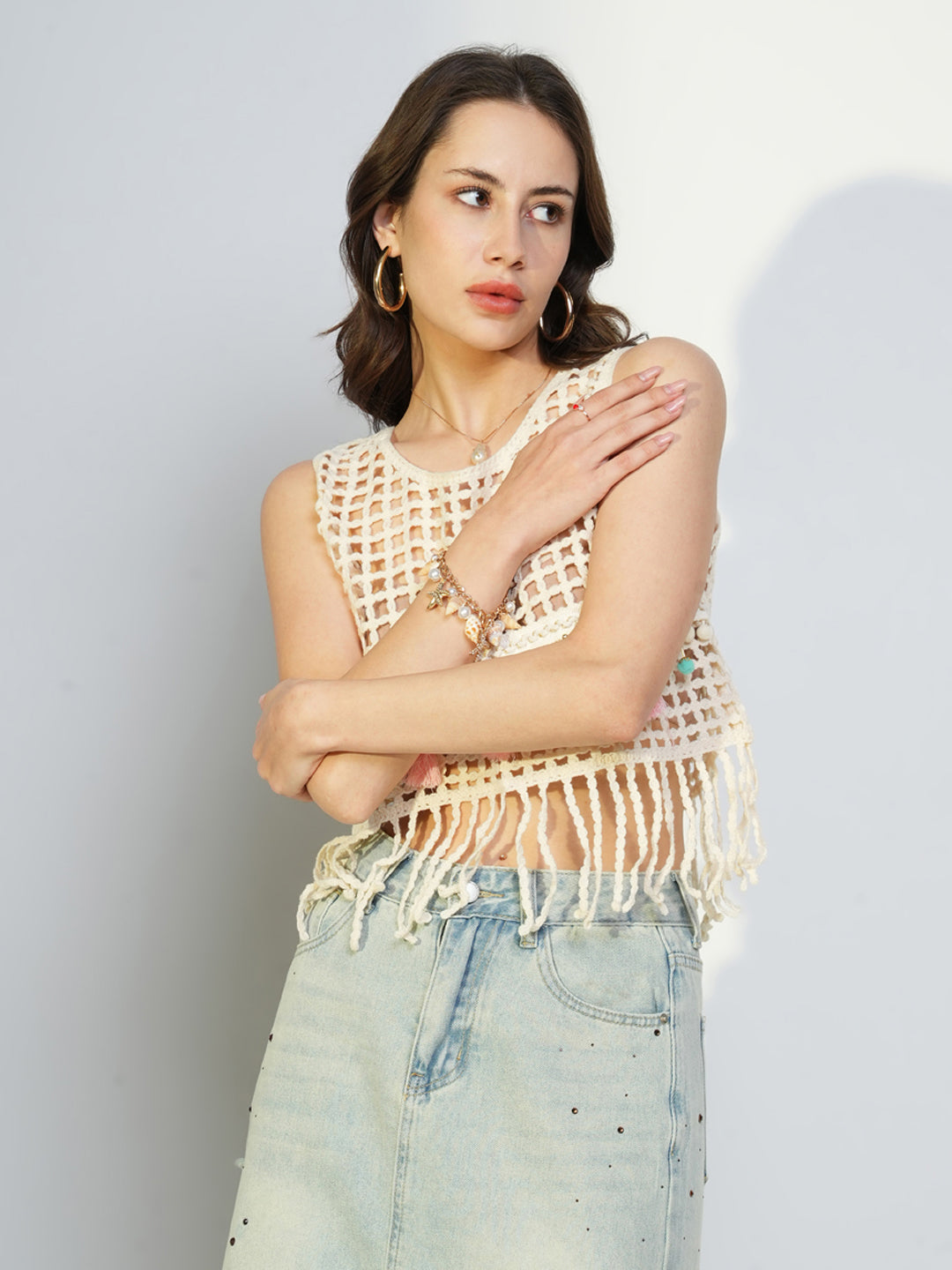 Women Cream Solid Crop Crochet Top