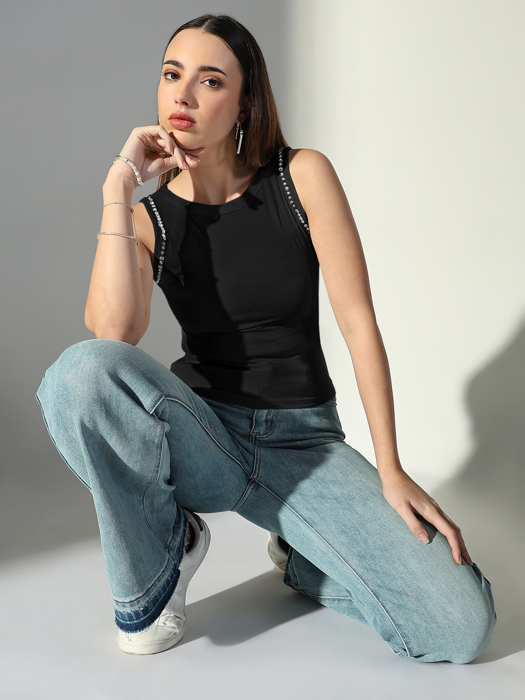 Women's Ribbed Black Sleeveless Tank Top with Sequin Trim