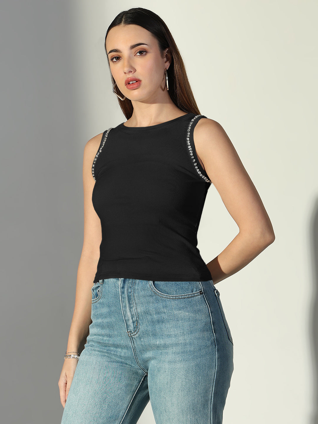 Women's Ribbed Black Sleeveless Tank Top with Sequin Trim