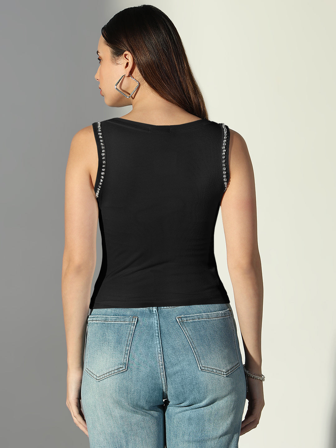 Women's Ribbed Black Sleeveless Tank Top with Sequin Trim