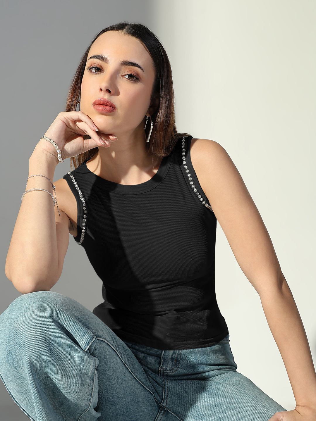 Women's Ribbed Black Sleeveless Tank Top with Sequin Trim