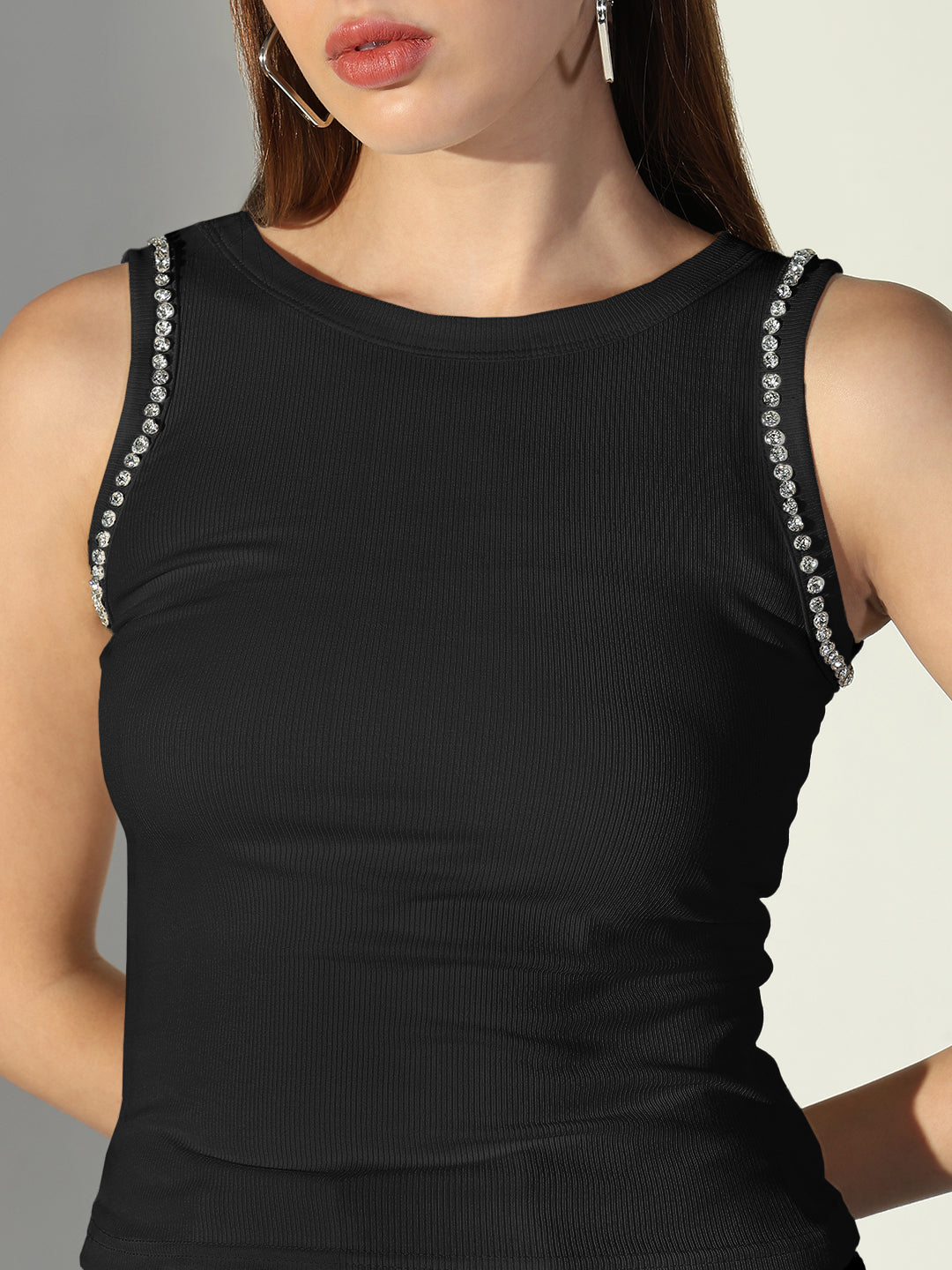 Women's Ribbed Black Sleeveless Tank Top with Sequin Trim