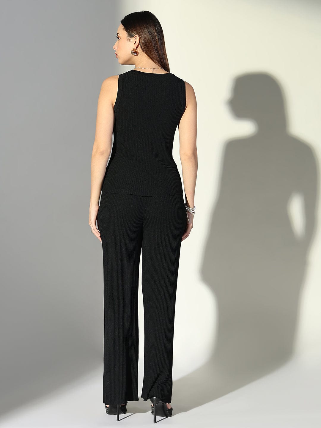 Women's Ribbed Black Sleeveless Tank Top with Pants Co-Ords Set