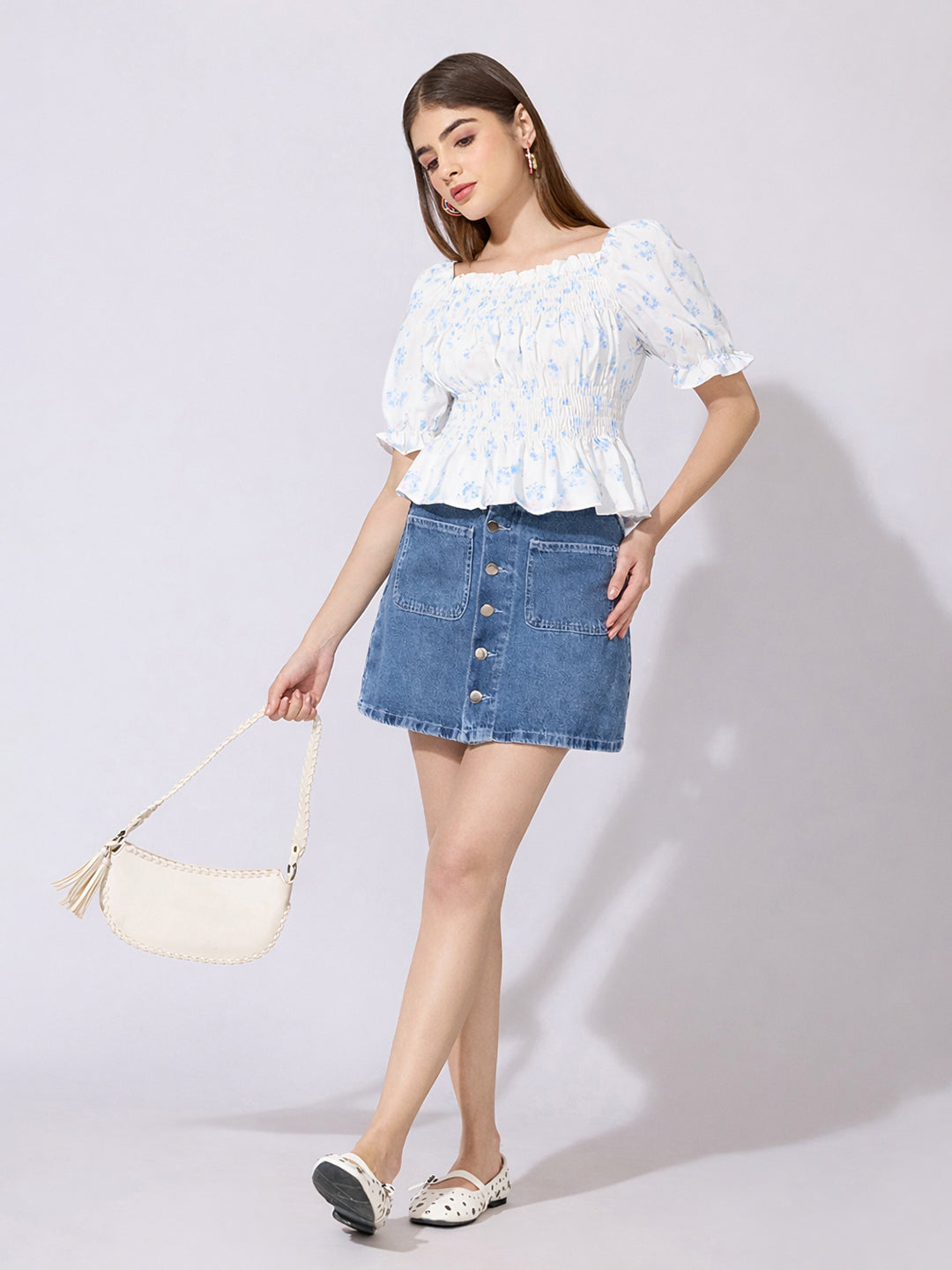 Women's Floral Print Blue Smocked Peplum Top