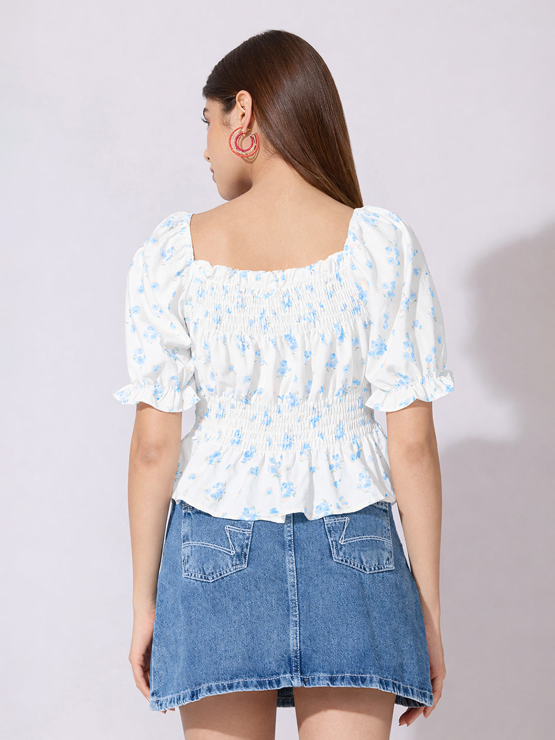 Women's Floral Print Blue Smocked Peplum Top