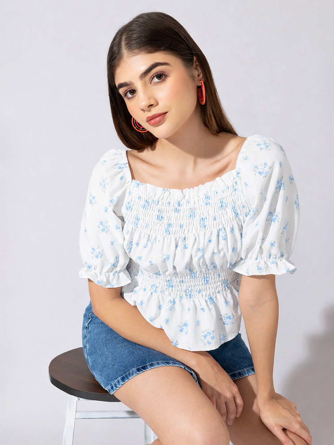 Women's Floral Print Blue Smocked Peplum Top