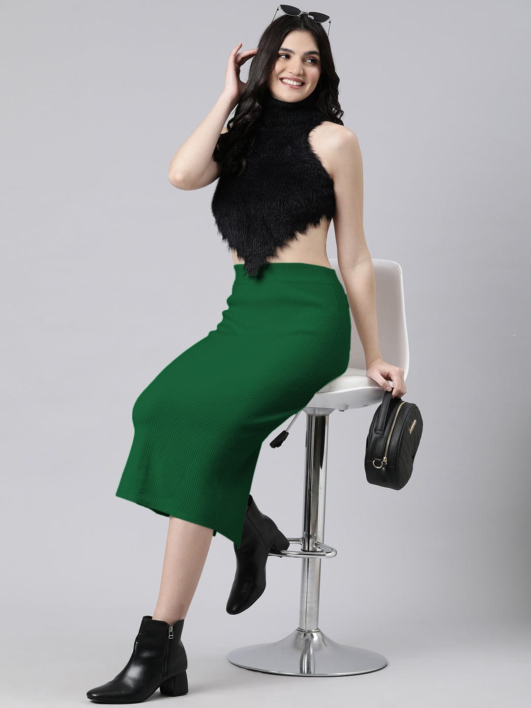 Buy Textured Green Straight Midi Skirt Online Showoffff