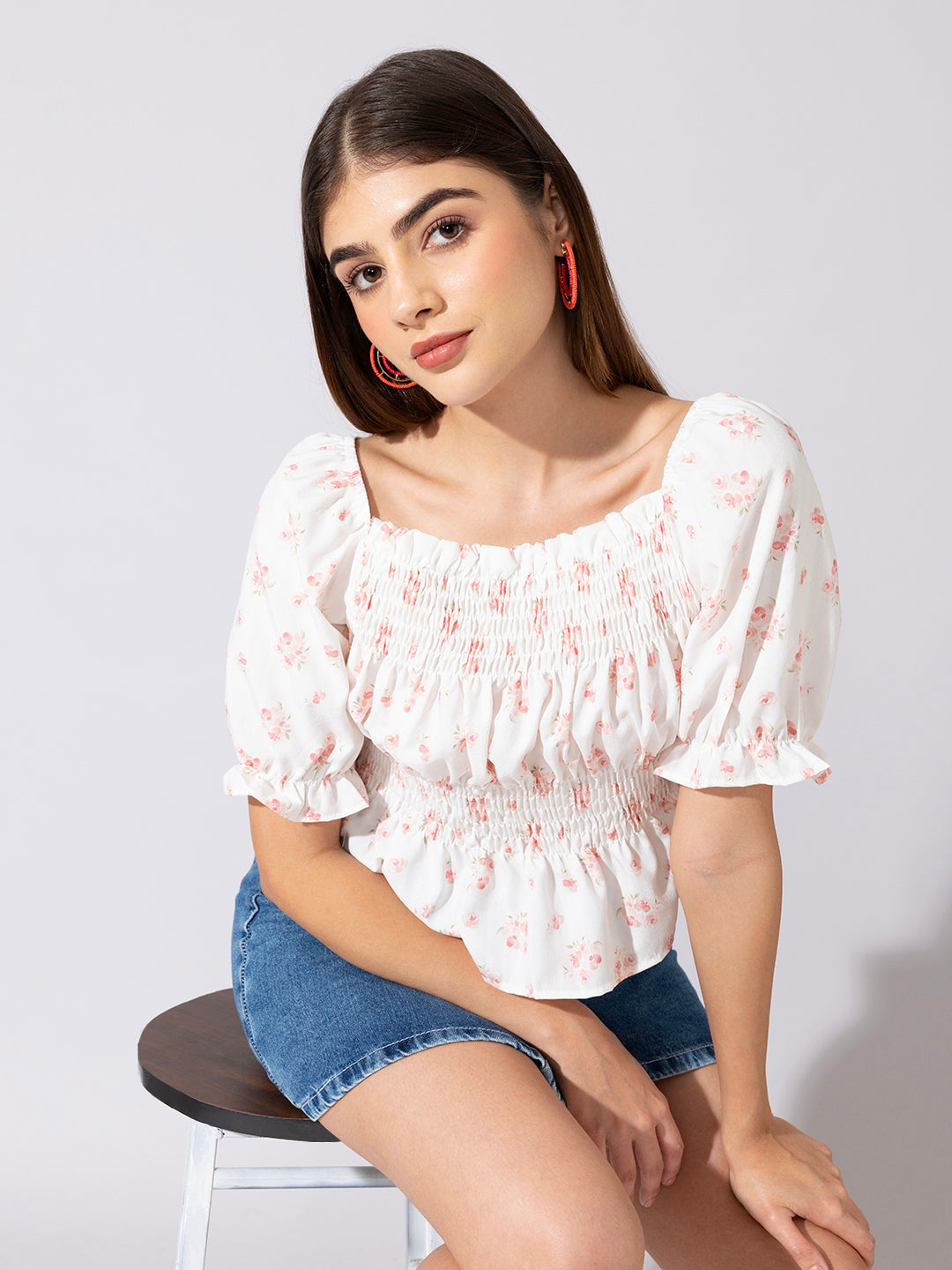 Women's Floral Print Peach Smocked Peplum Top