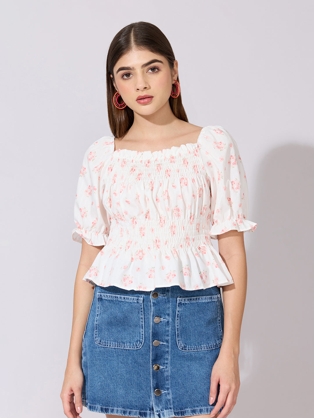 Women's Floral Print Peach Smocked Peplum Top