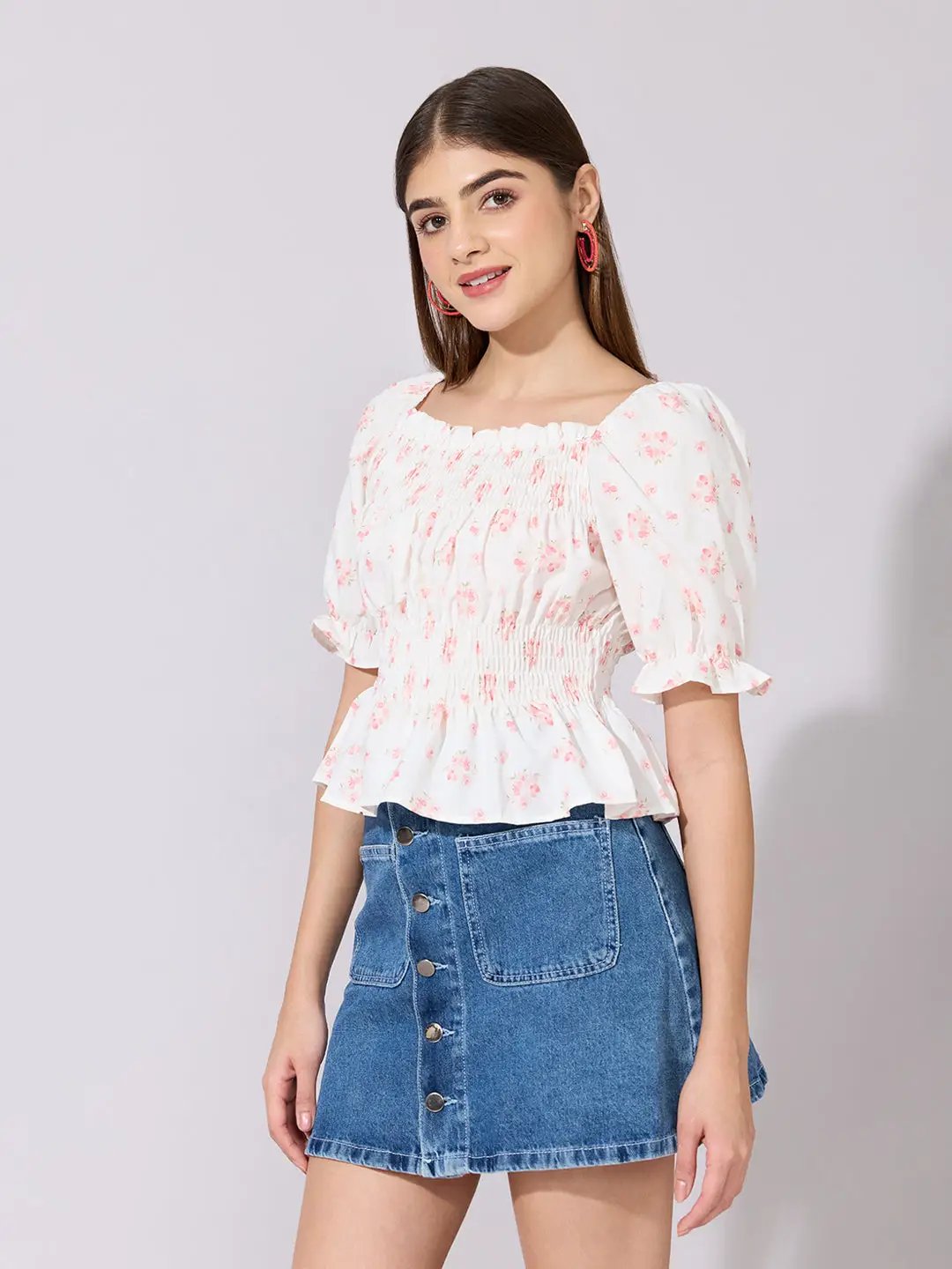 Women's Floral Print Peach Smocked Peplum Top - from SHOWOFFFF