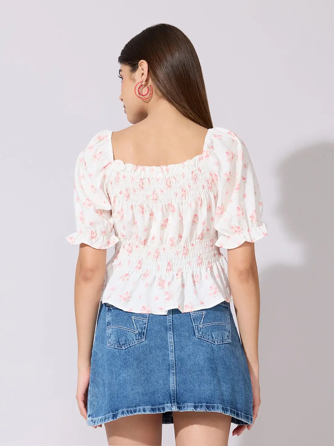 Women's Floral Print Peach Smocked Peplum Top - from SHOWOFFFF