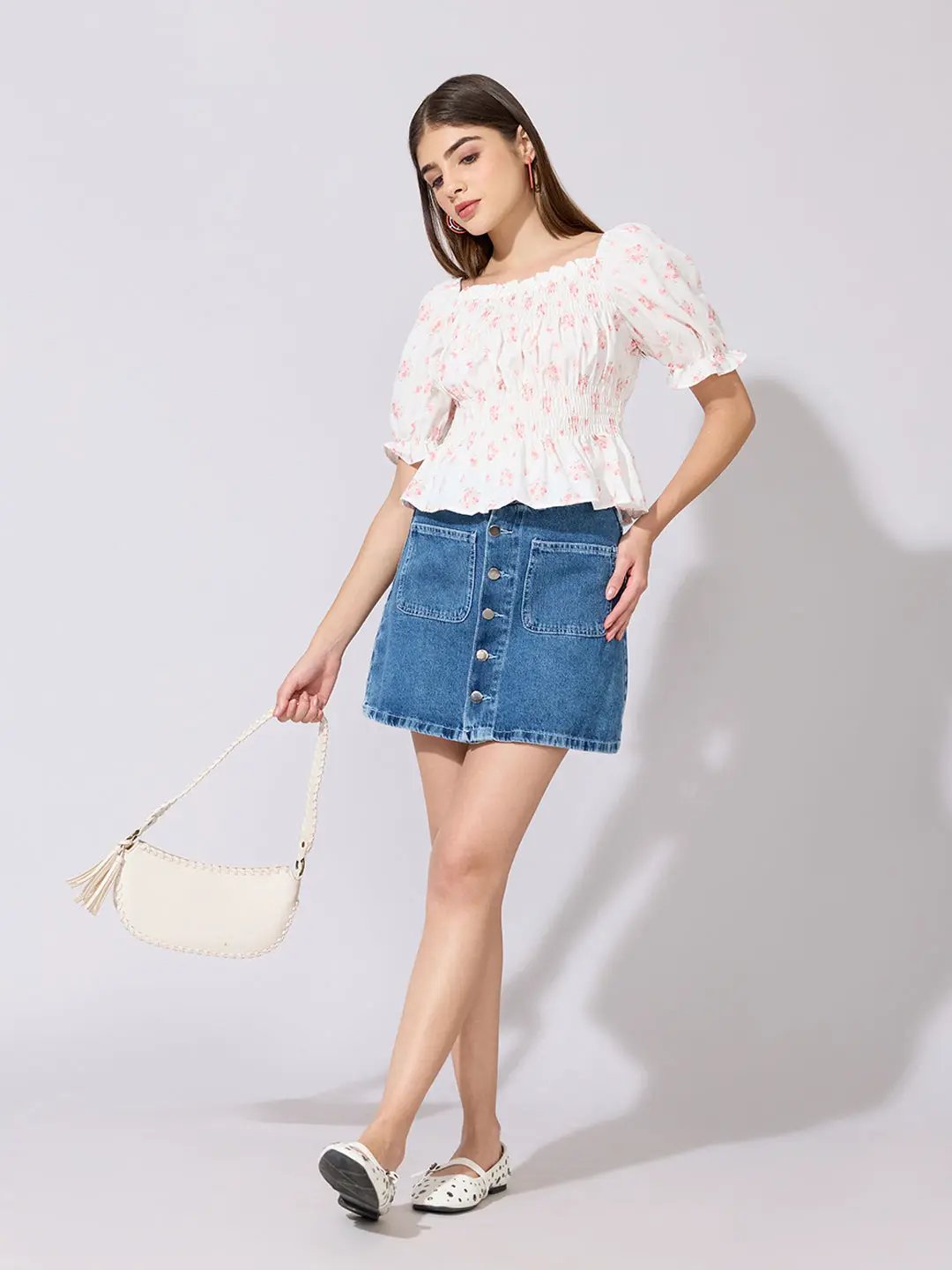 Women's Floral Print Peach Smocked Peplum Top - from SHOWOFFFF