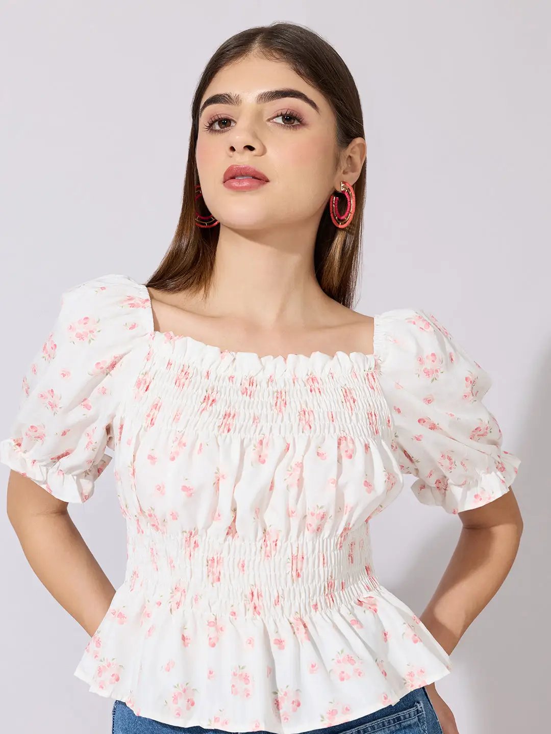 Women's Floral Print Peach Smocked Peplum Top - from SHOWOFFFF
