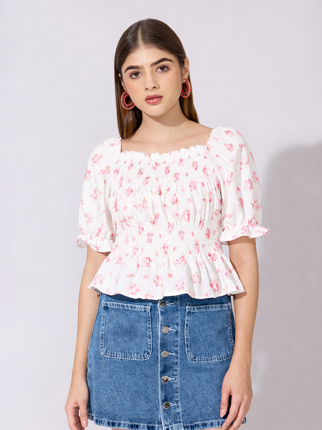 Women's Floral Print Pink White Smocked Peplum Top