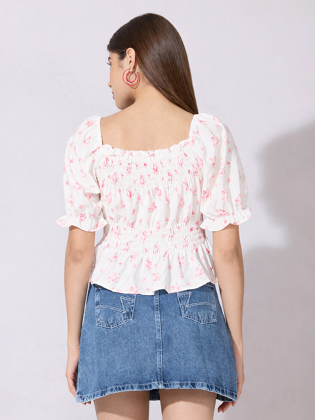 Women's Floral Print Pink White Smocked Peplum Top