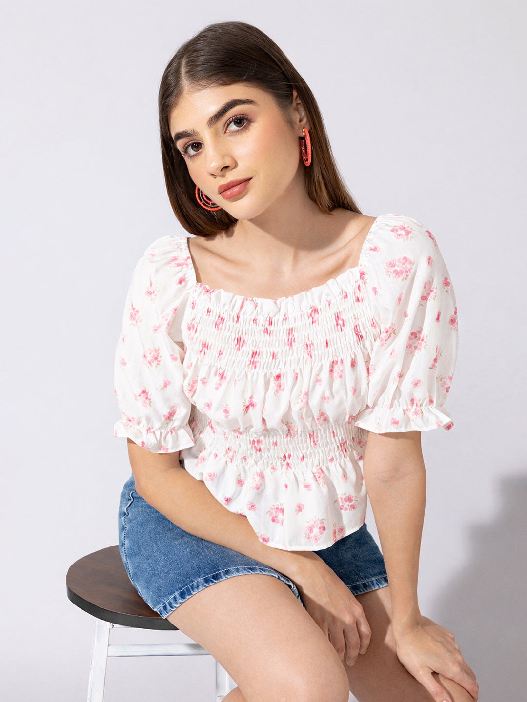 Women's Floral Print Pink White Smocked Peplum Top