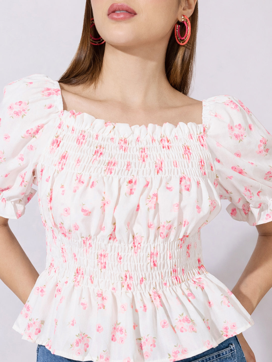 Women's Floral Print Pink White Smocked Peplum Top