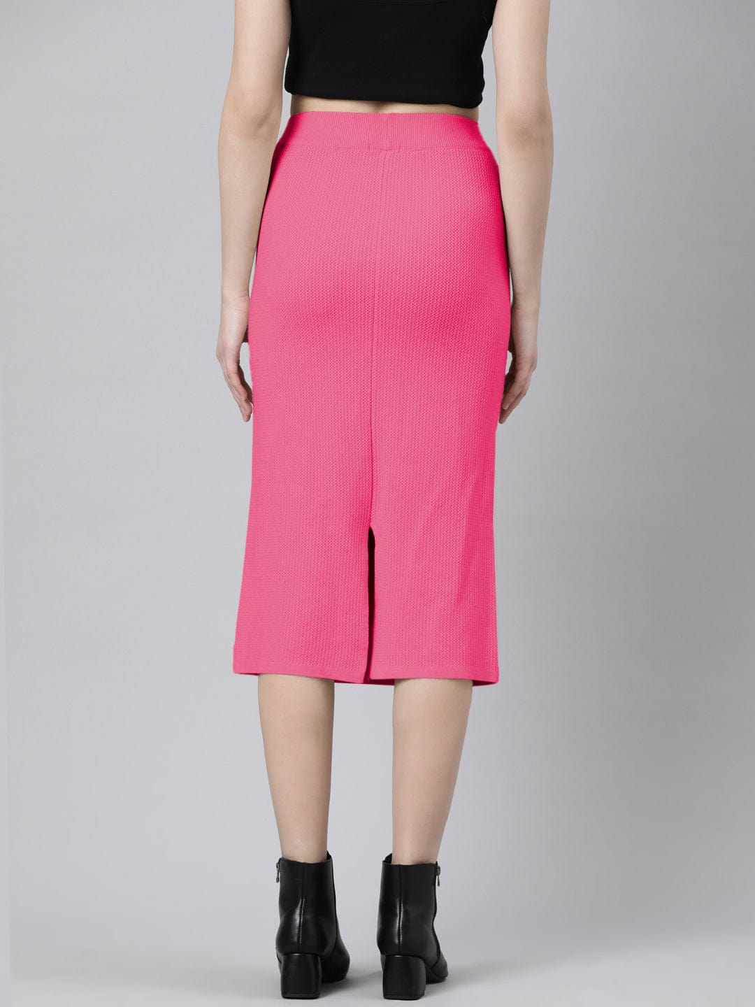 Women's Textured Pink Straight Midi Skirt with Back Slit