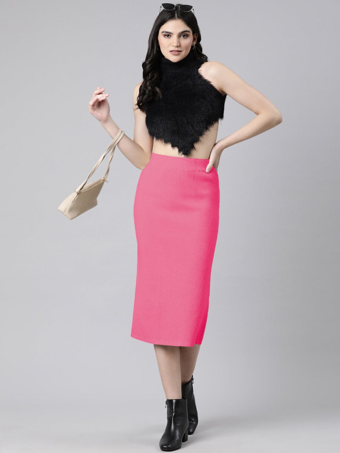 Women's Textured Pink Straight Midi Skirt with Back Slit