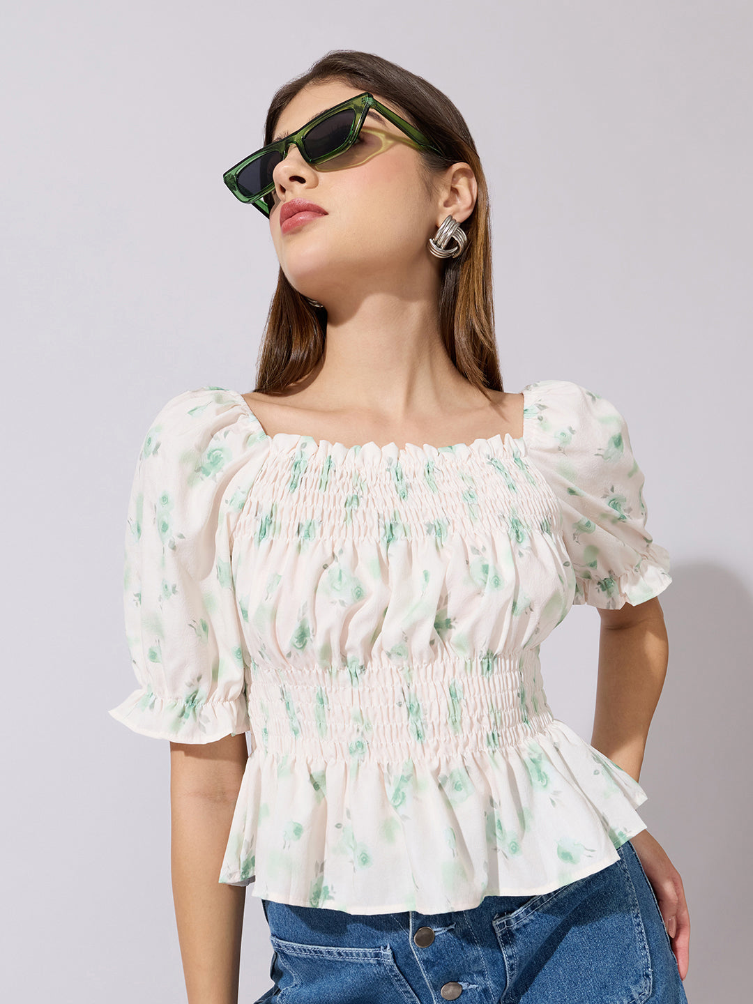 Women's Floral Print Green Smocked Peplum Top