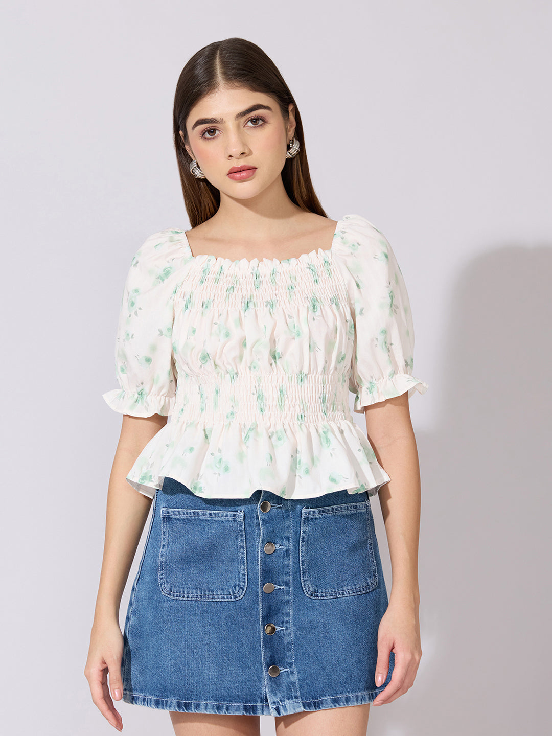 Women's Floral Print Green Smocked Peplum Top