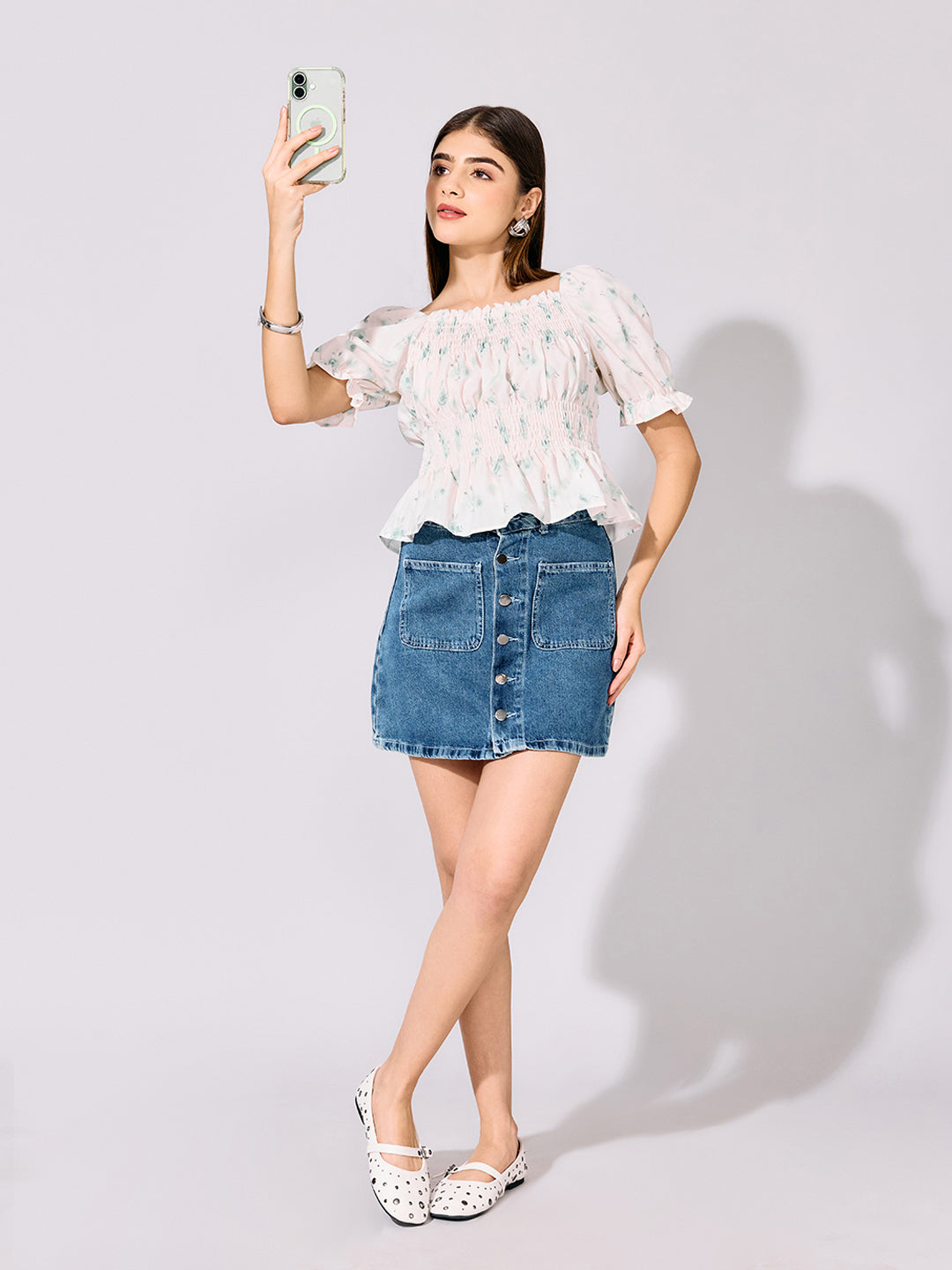 Women's Floral Print Green Smocked Peplum Top