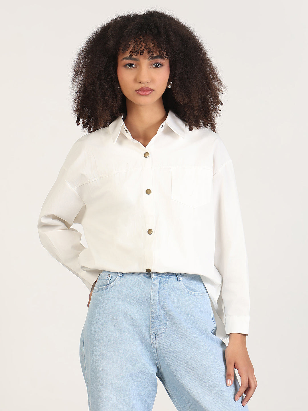 Women's White Cuffed Sleeves Shirt Collar Solid Shirt Style Top with Attached Inner