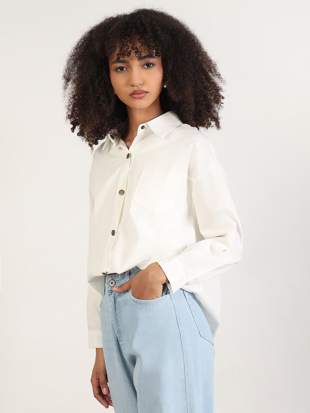 Women's White Cuffed Sleeves Shirt Collar Solid Shirt Style Top with Attached Inner
