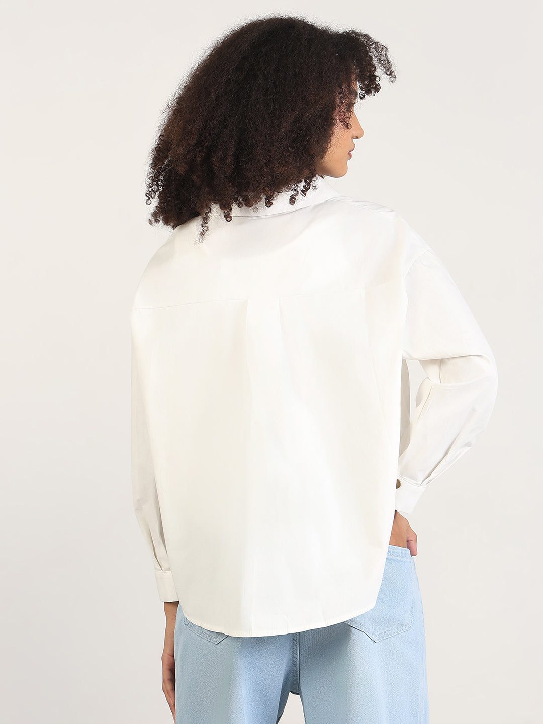 Women's White Cuffed Sleeves Shirt Collar Solid Shirt Style Top with Attached Inner