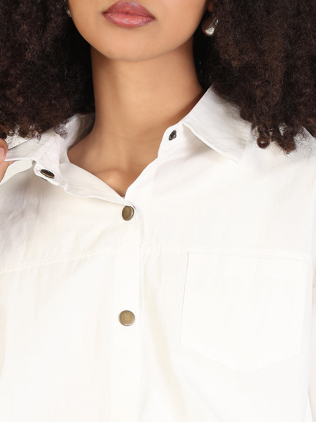 Women's White Cuffed Sleeves Shirt Collar Solid Shirt Style Top with Attached Inner