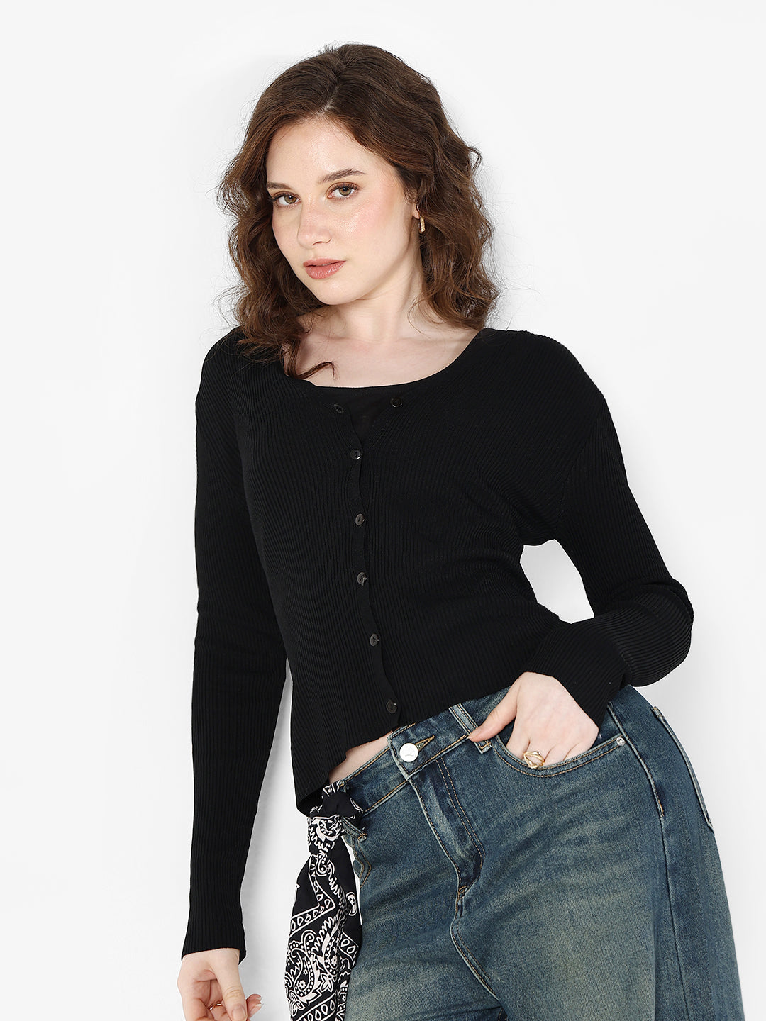 Women's Ribbed Black Button Down Top