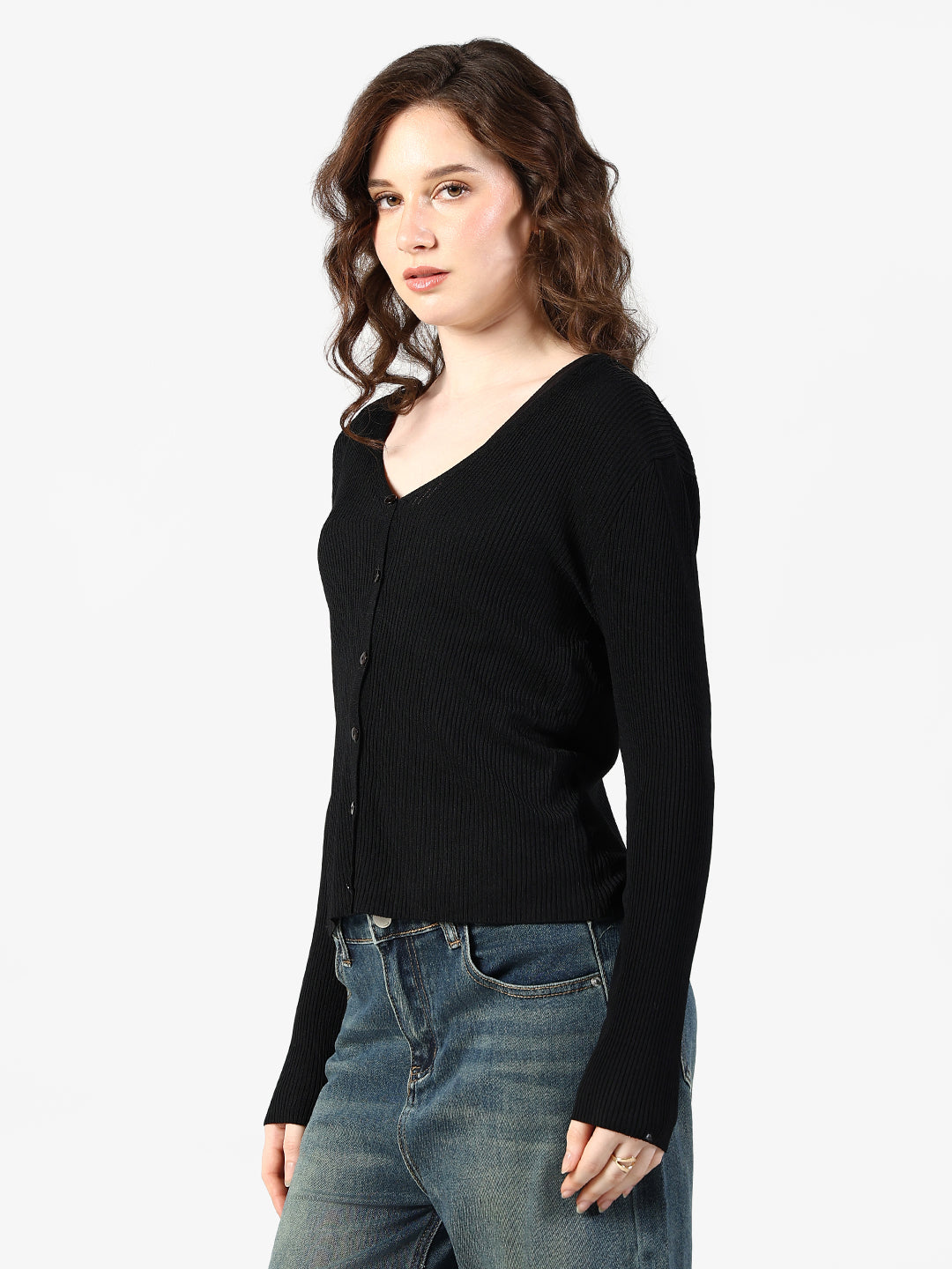 Women's Ribbed Black Button Down Top