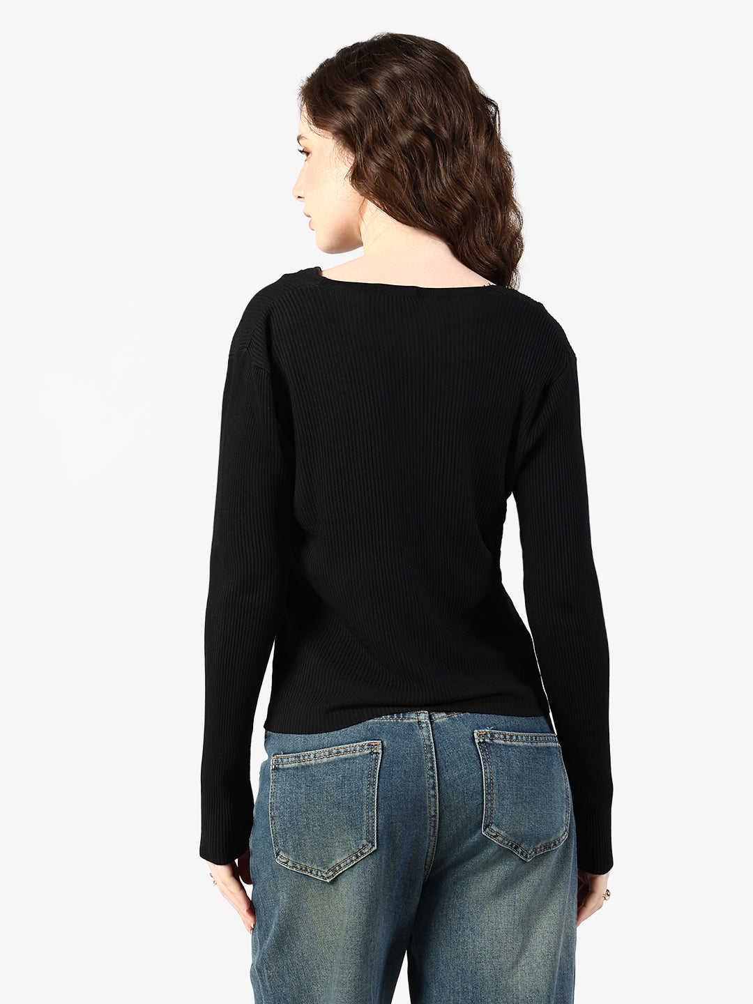 Women's Ribbed Black Button Down Top