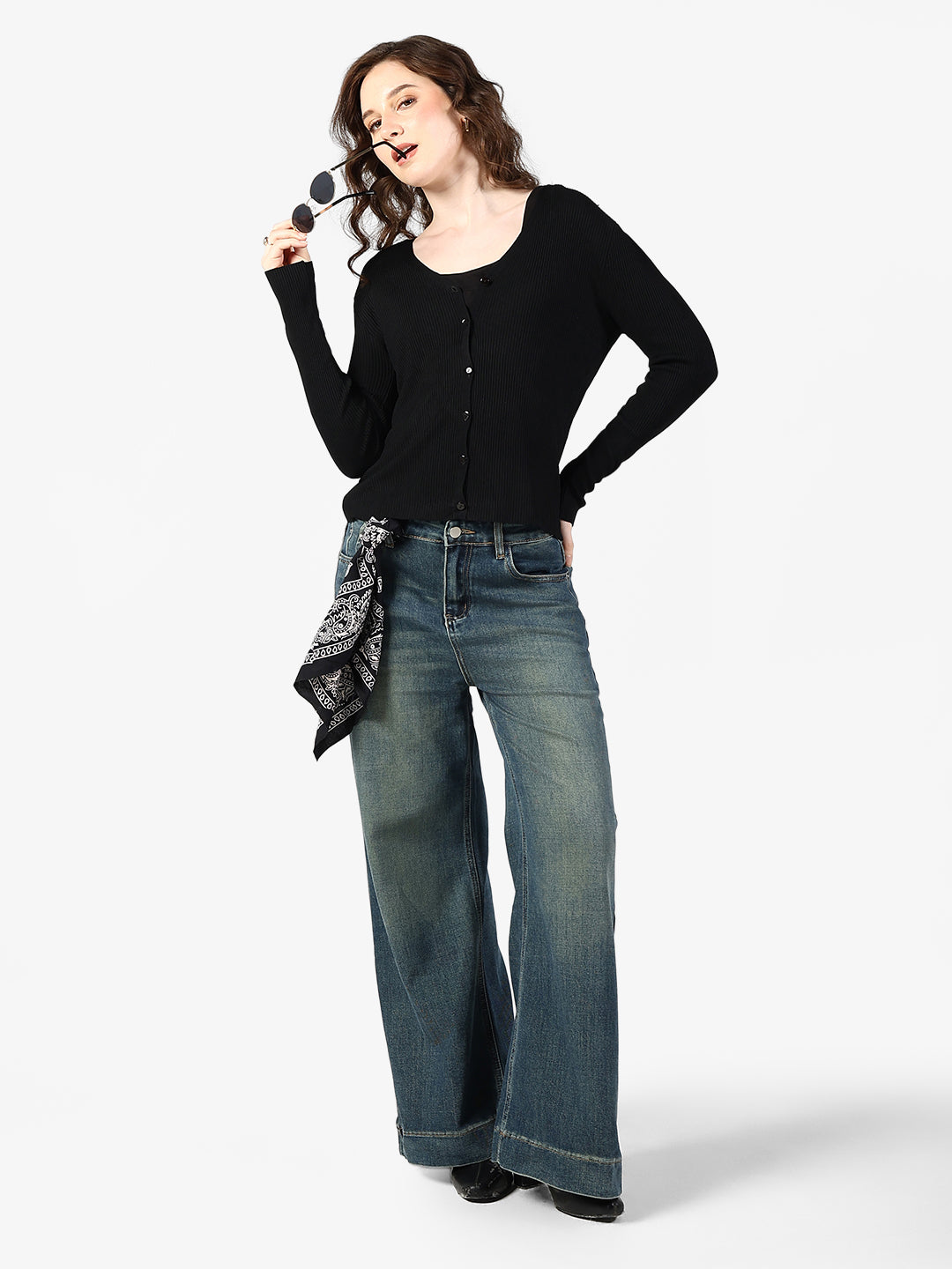 Women's Ribbed Black Button Down Top