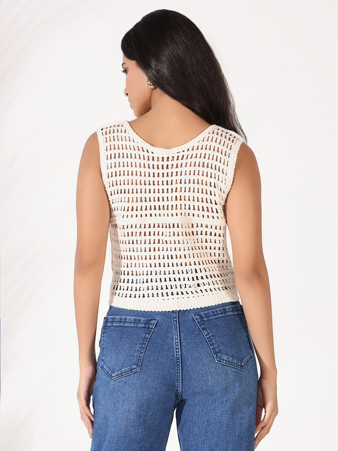 Women Cream Solid Crochet Top