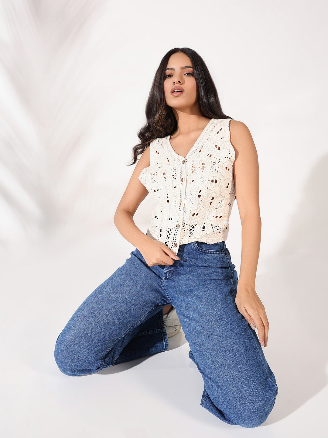 Women Cream Solid Crochet Top