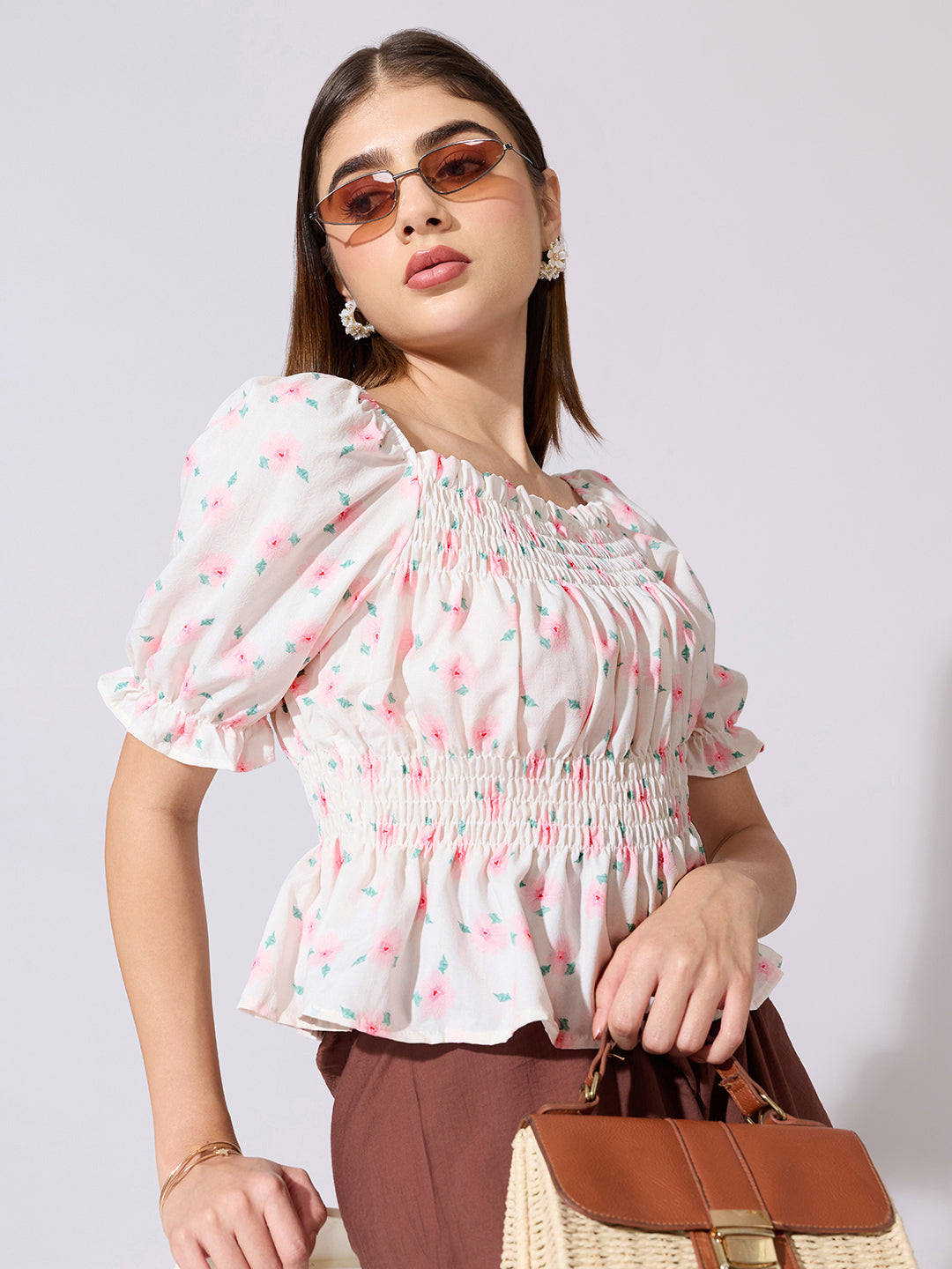 Women's Floral Print Pink Smocked Peplum Top