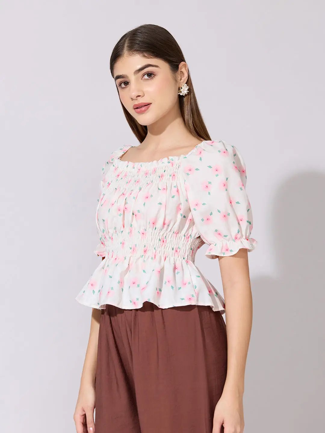Women's Floral Print Pink Smocked Peplum Top