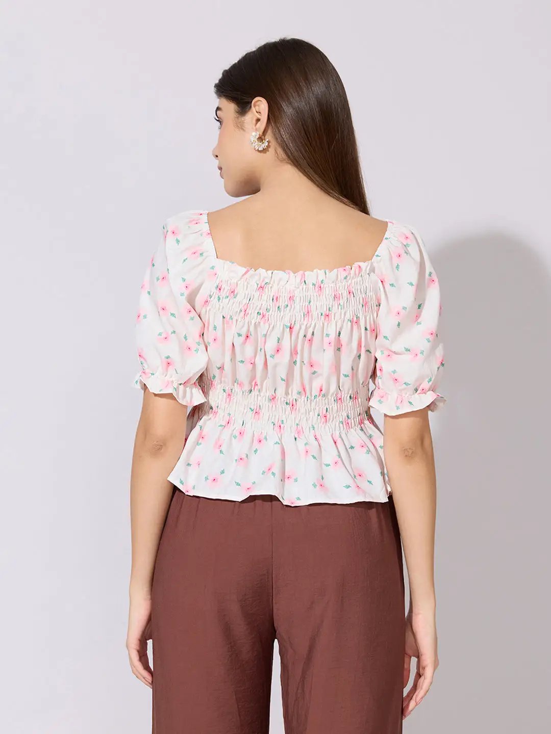 Women's Floral Print Pink Smocked Peplum Top