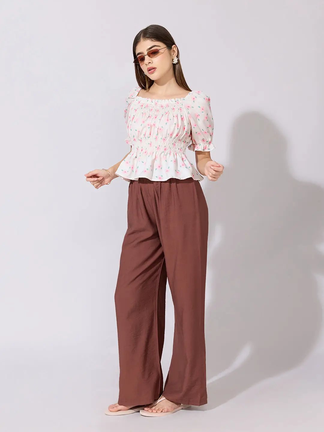 Women's Floral Print Pink Smocked Peplum Top