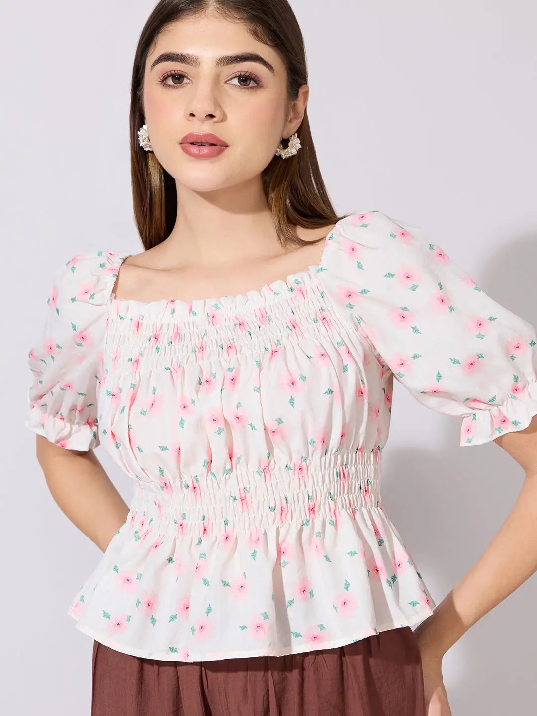 Women's Floral Print Pink Smocked Peplum Top