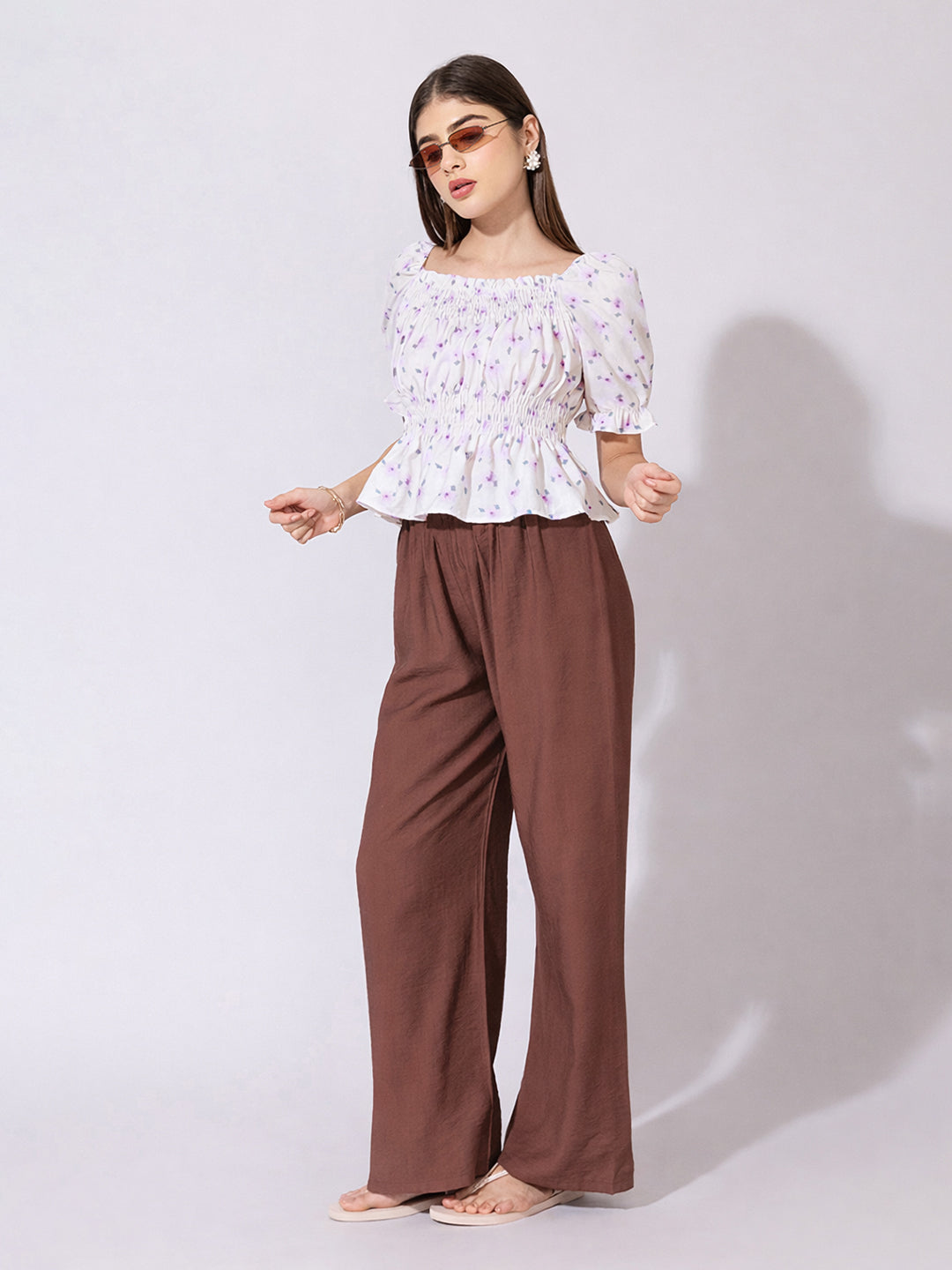 Women's Floral Print Purple Smocked Peplum Top