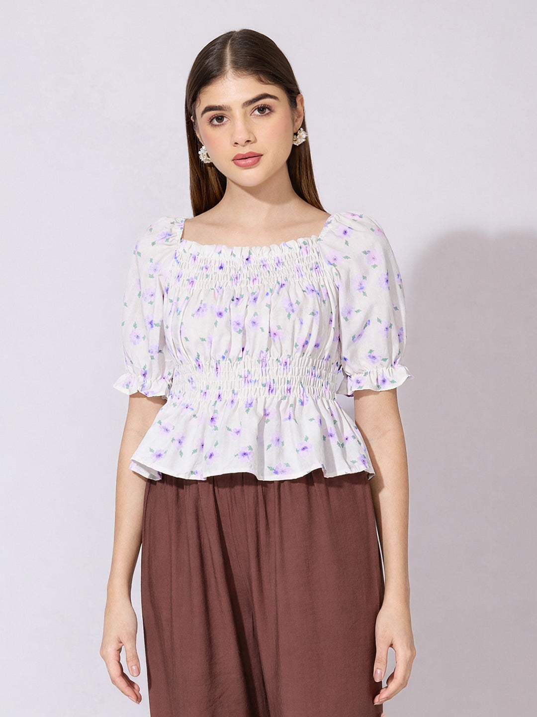 Women's Floral Print Purple Smocked Peplum Top