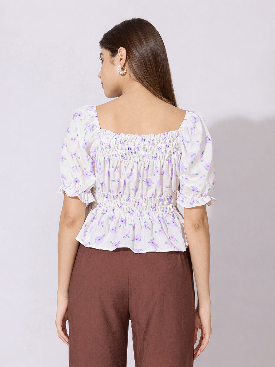 Women's Floral Print Purple Smocked Peplum Top