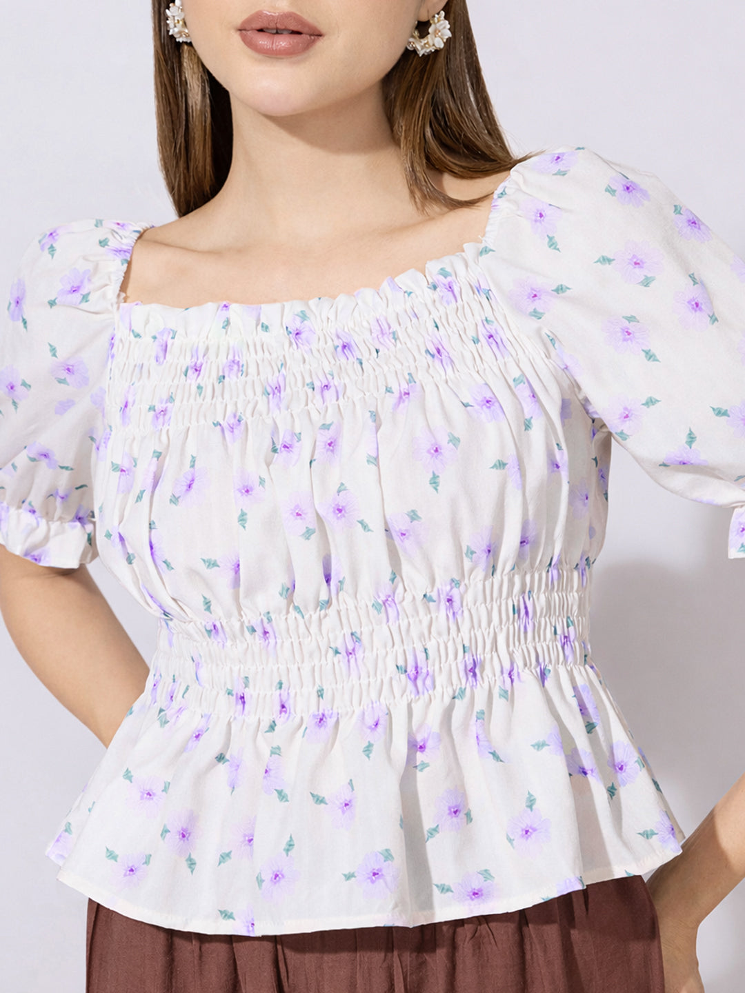 Women's Floral Print Purple Smocked Peplum Top
