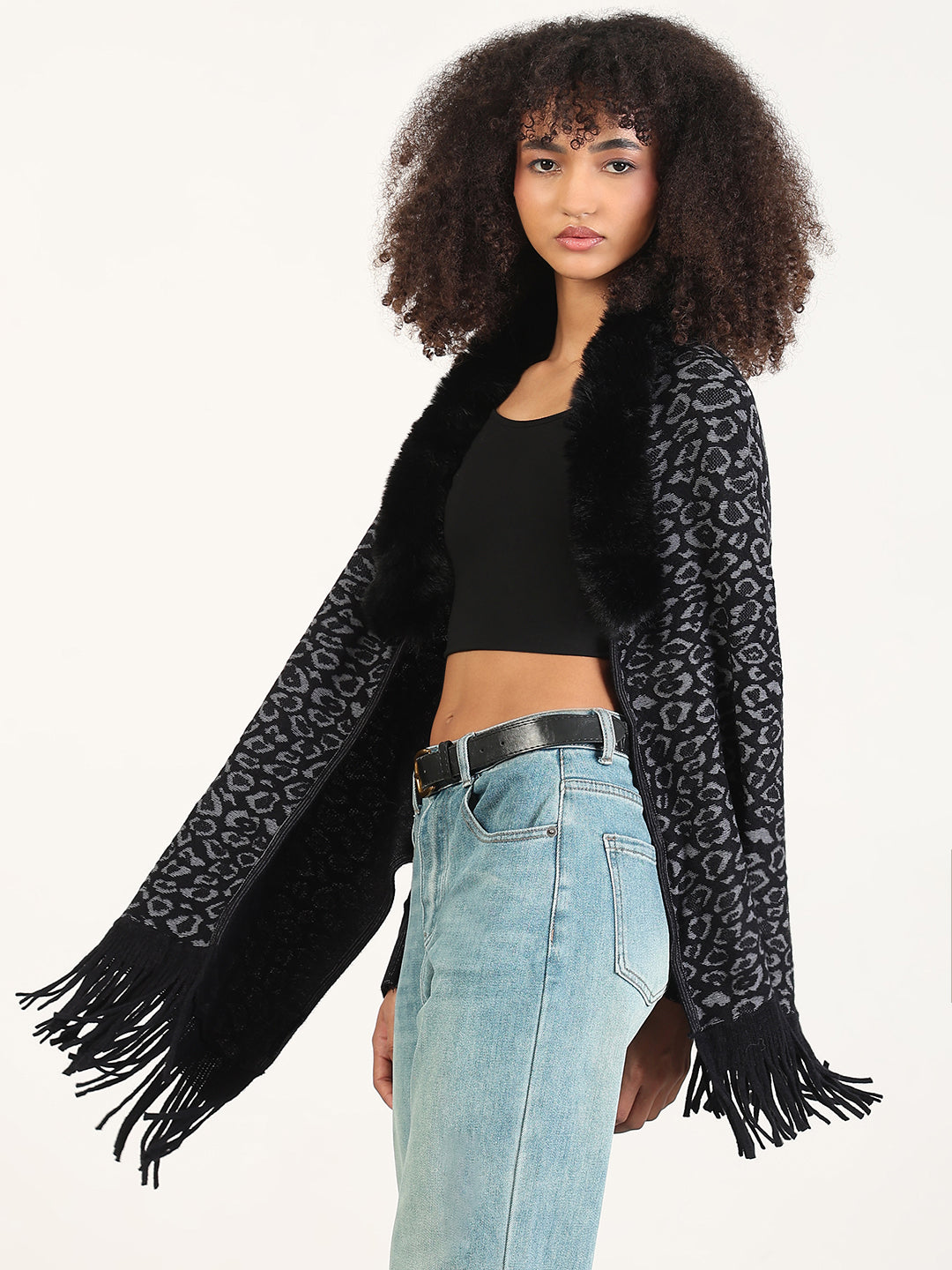 Women's Animal Print Black Fringed Edge Poncho