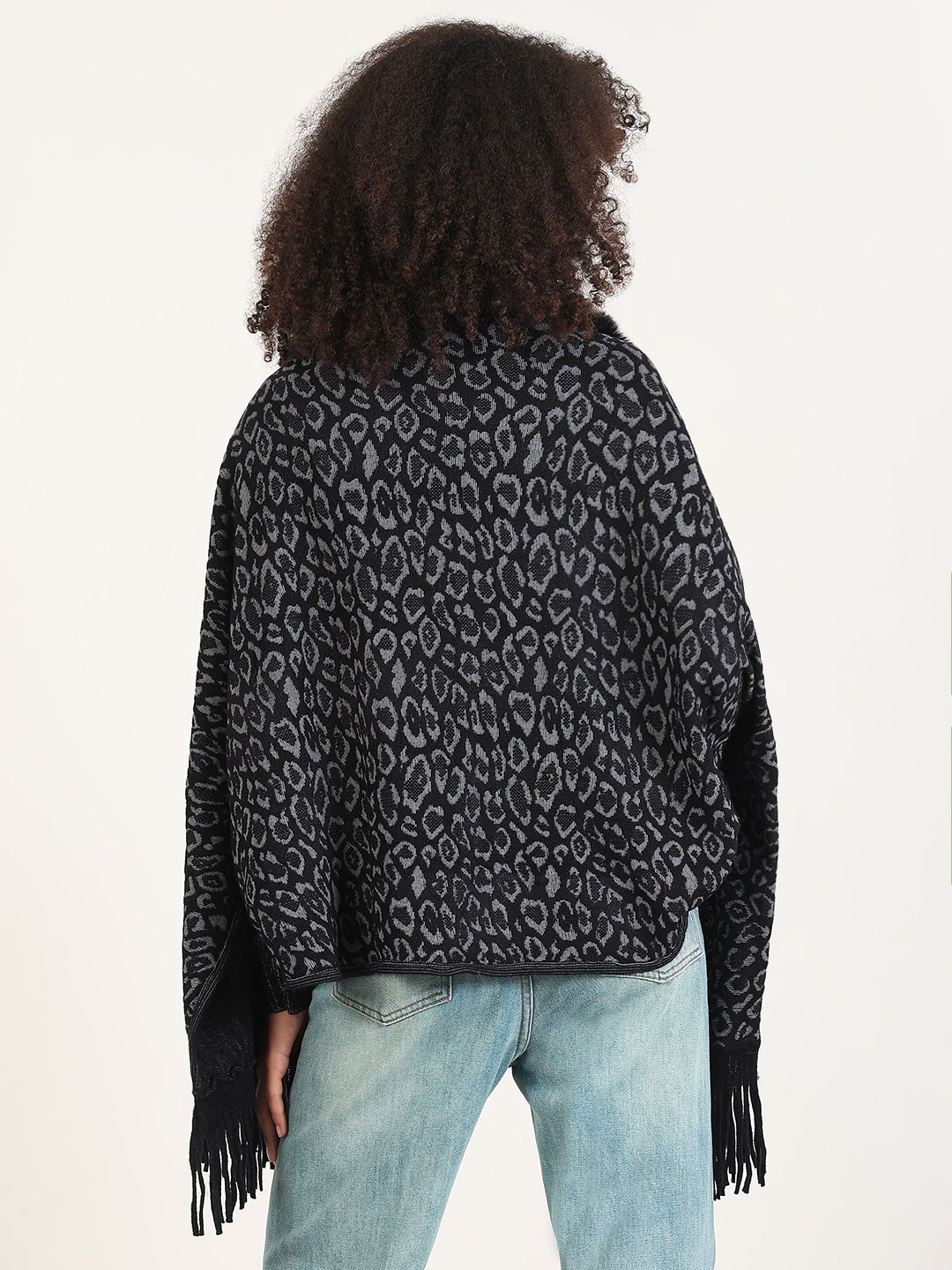 Women's Animal Print Black Fringed Edge Poncho