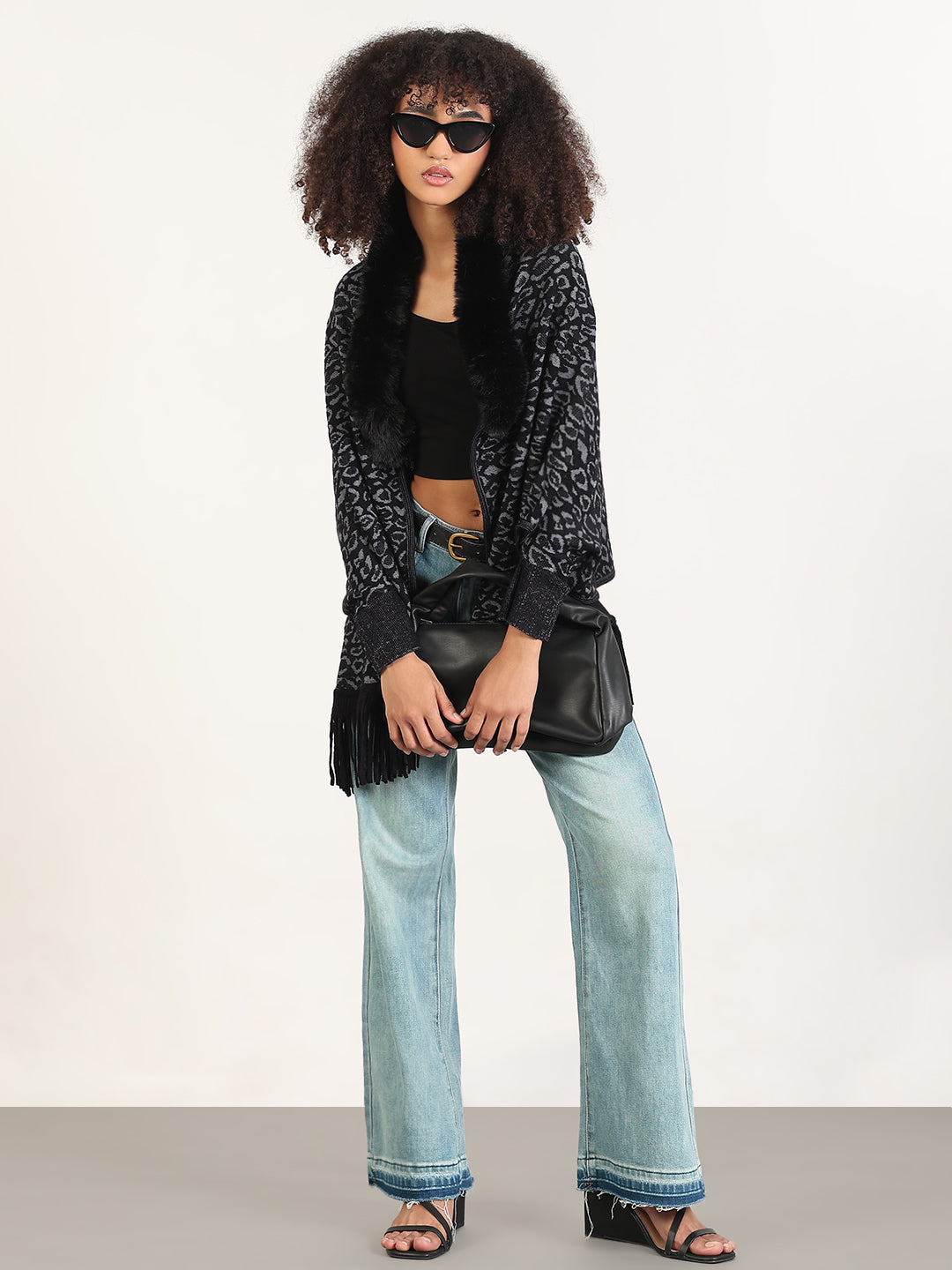 Women's Animal Print Black Fringed Edge Poncho