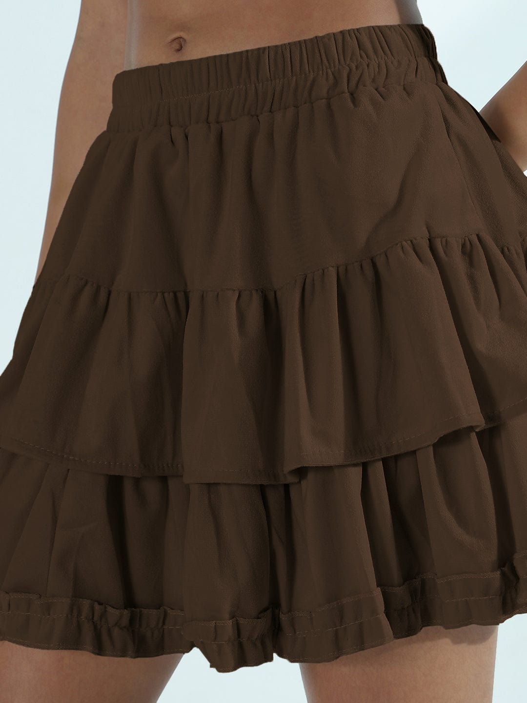Women's Brown Tiered Velvet Short Skirt